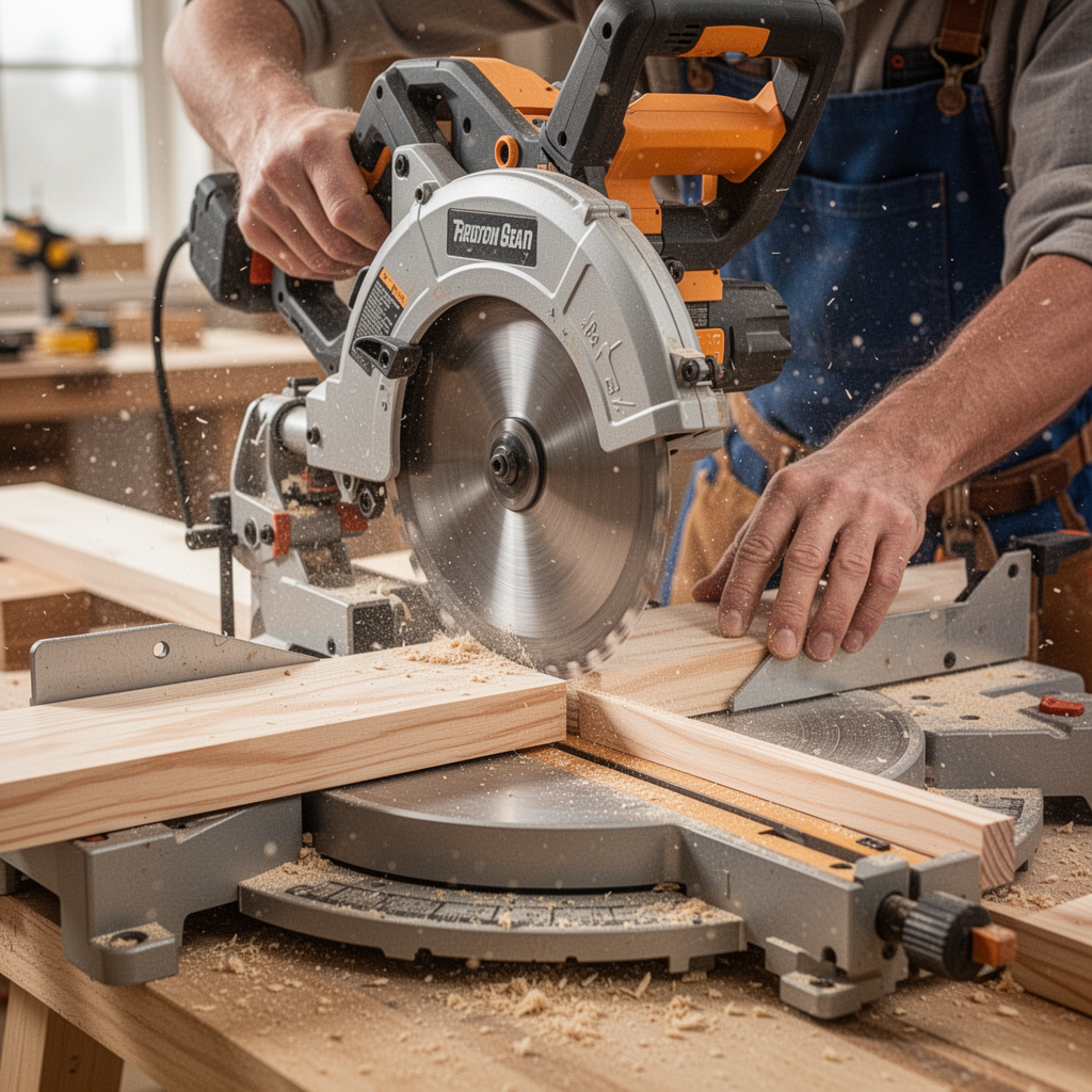 A professional carpenter using a miter saw to cut cedar planks in a bright workshop setting, sawdust in the air, high resolution, macro photography.