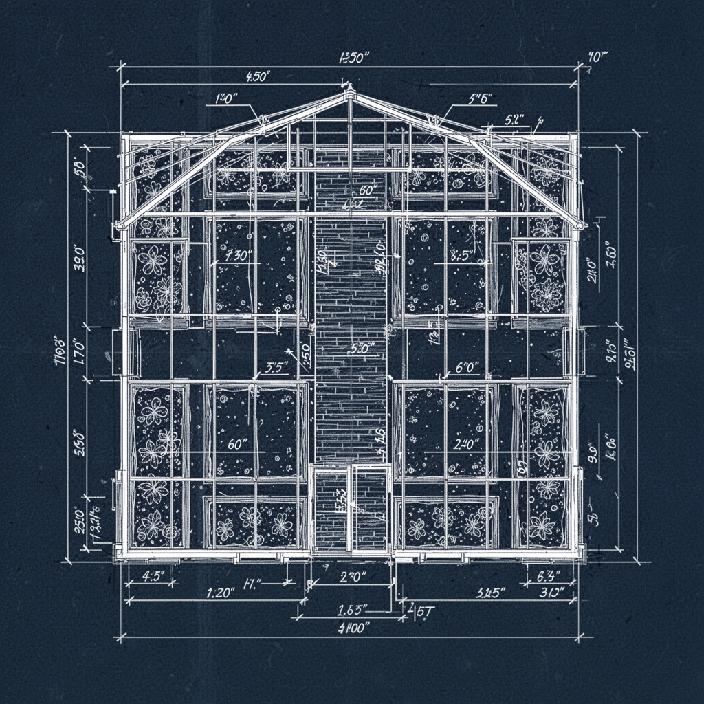A top-down blueprint view of a greenhouse floor plan, showing clearly marked raised bed dimensions and central walkway paths, high detail, architectural style.