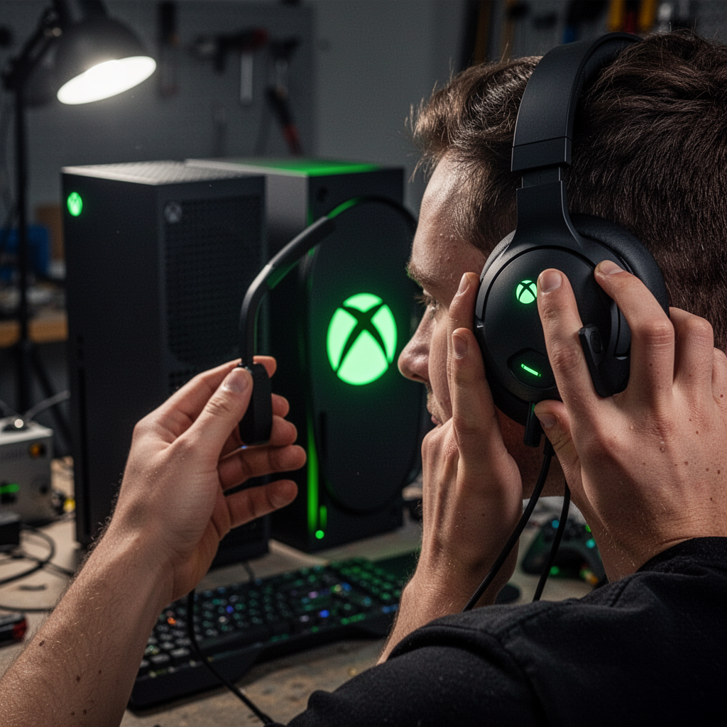 A person putting on a wireless gaming headset, with the Xbox Series X glowing in the background, cinematic lighting, 8k resolution.