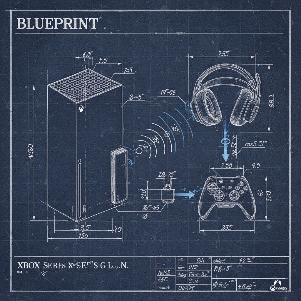 Blueprint diagram showing the technical layout of the project, including the Xbox Series X console, the wireless USB dongle, and the wireless signal transmission to the headset, labeled with technical lines and schematic icons.
