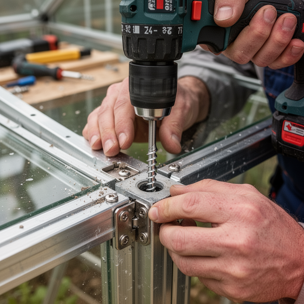 A close-up shot of a power drill driving a stainless steel screw into a pre-filled hinge hole on a greenhouse frame, showing professional installation.