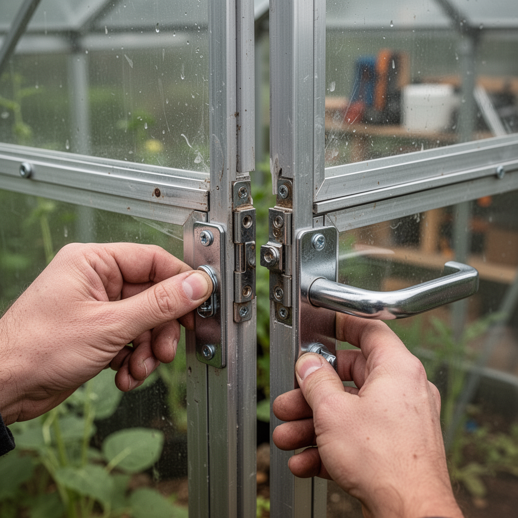 A detailed shot of a hand gently lifting the edge of a greenhouse door near the handle, revealing a gap forming at the top hinge to illustrate play in the hardware.