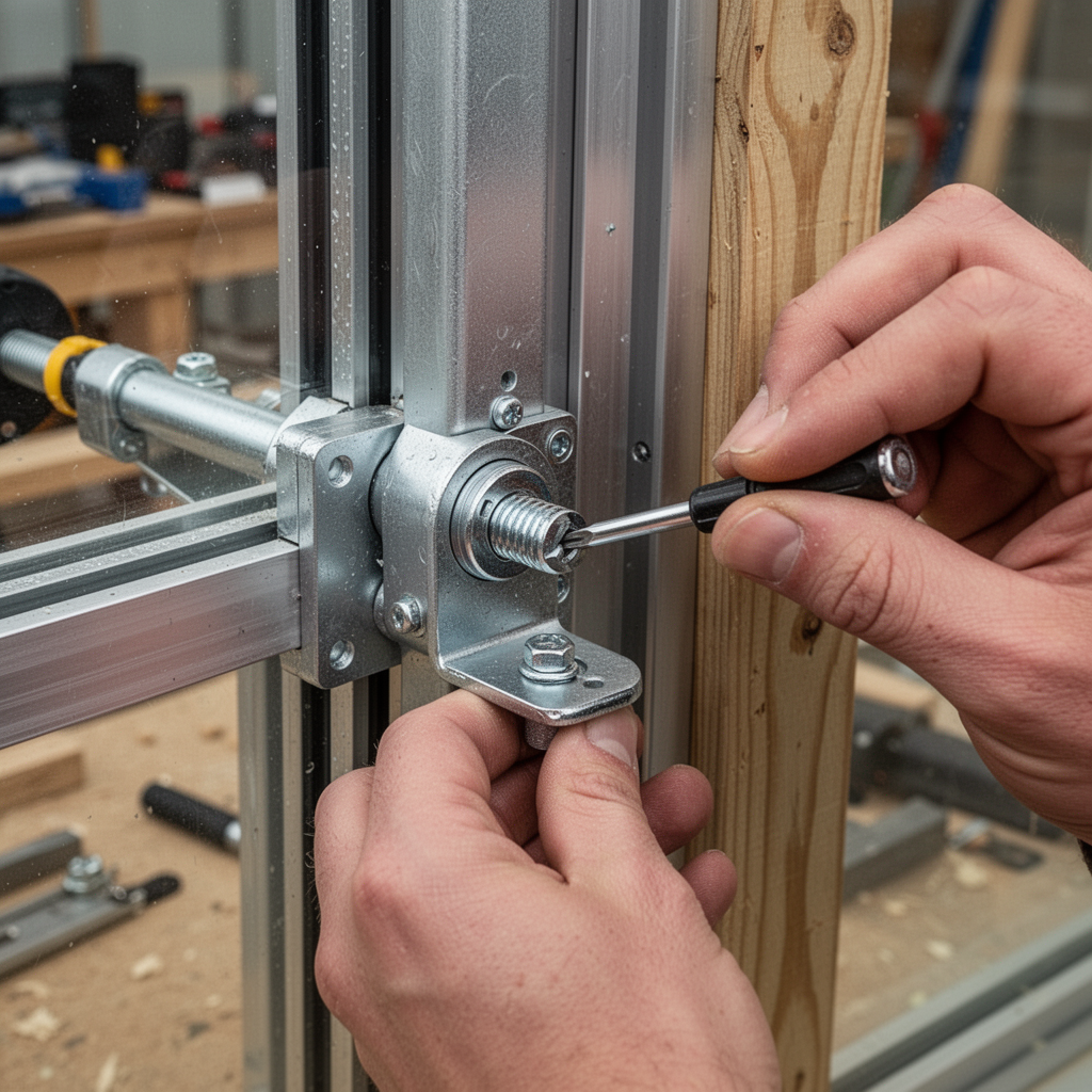 A high-quality photo of a hydraulic greenhouse door closer being adjusted with a small screwdriver, highlighting the tension adjustment screw.