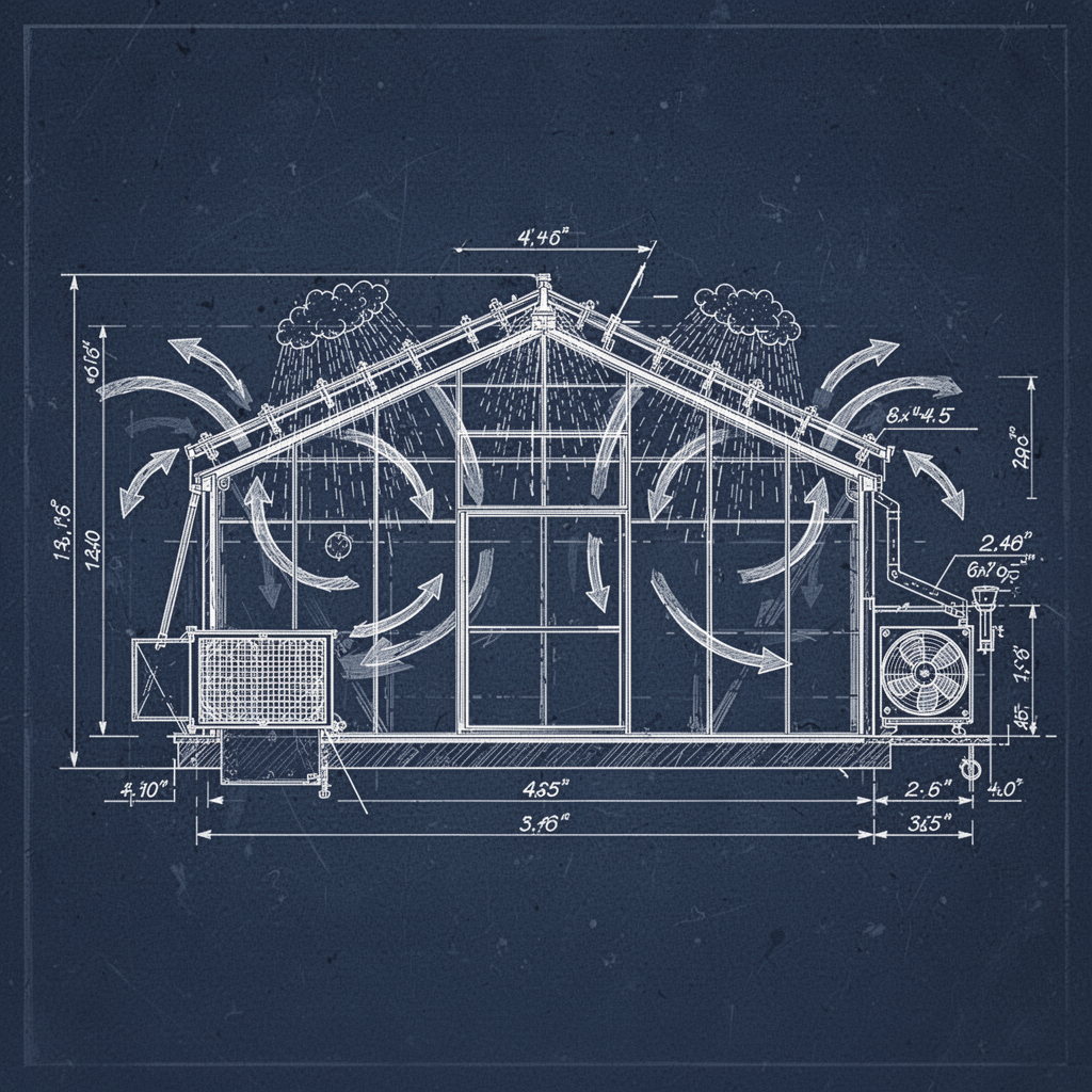 A clean, technical 2D blueprint diagram showing a side view of a greenhouse with arrows indicating airflow, the placement of a misting system along the roofline, a cooling pad at the intake vent, and a sensor-based fan system at the exhaust end.