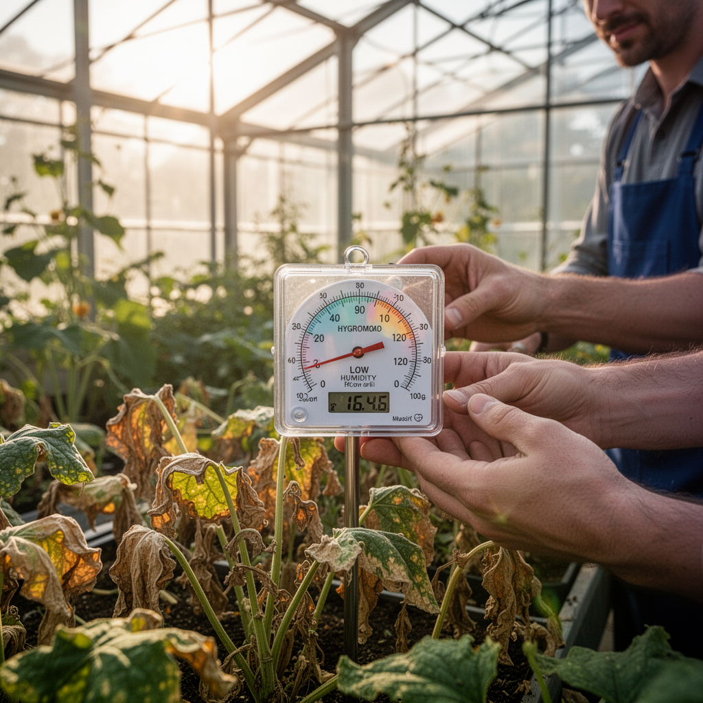 A professional ultra-realistic photograph showing a hygrometer displaying a low humidity reading inside a sunny greenhouse, with dry, crinkled leaves in the foreground, soft natural morning light.