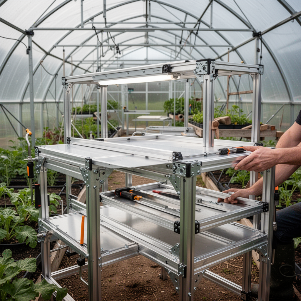 A sleek, professional-grade aluminum greenhouse staging table with multiple tiers, set inside a professional polytunnel, organized, tidy, high-detail finish.