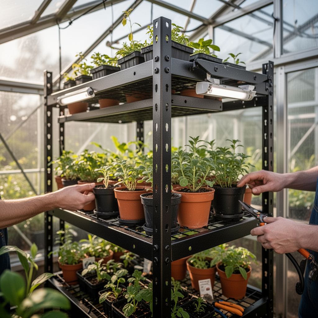 A sturdy, black powder-coated steel shelving unit positioned inside a hobby greenhouse, showing high-quality construction, organized plant pots, shallow depth of field, bright morning lighting.