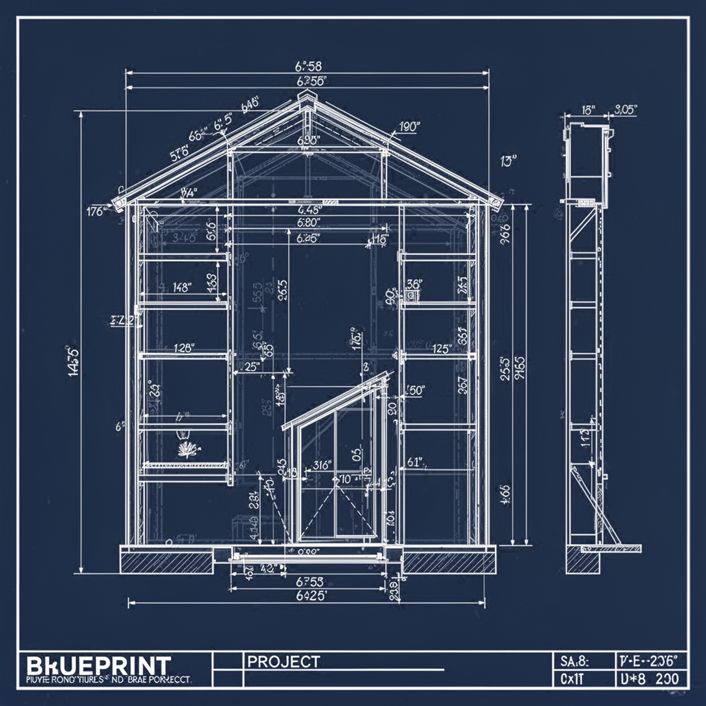 Blueprint diagram showing the technical layout of the project, including dimensions for shelving units inside a small 6x8 greenhouse, showing clear spacing for airflow and door clearance, top-down view and side-profile, engineering style, clean lines, professional CAD style drawing.