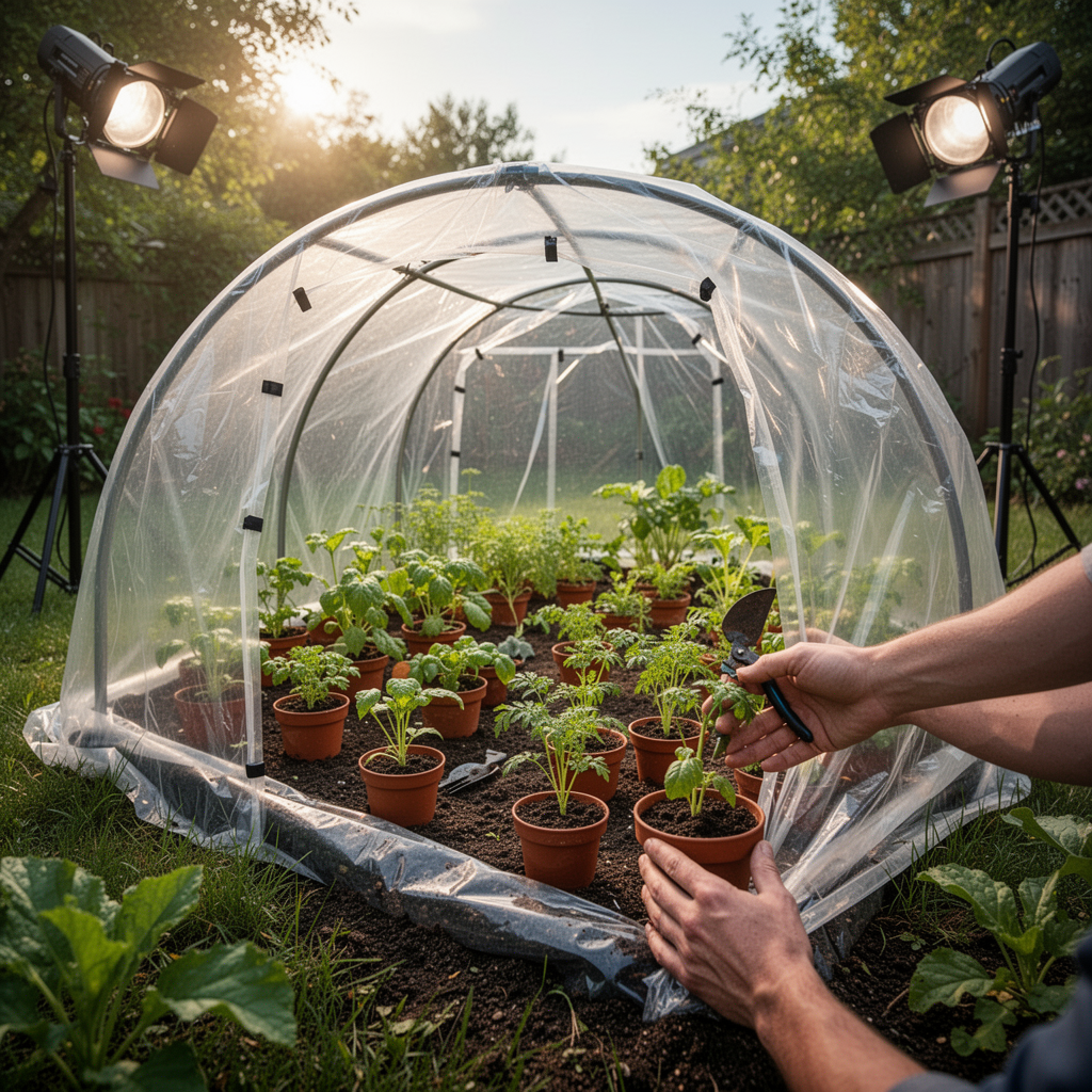 A high-quality photo of a walk-in polyethylene tunnel greenhouse in a lush backyard, filled with small potted vegetable plants, soft sunlight filtering through the cover, high detail.
