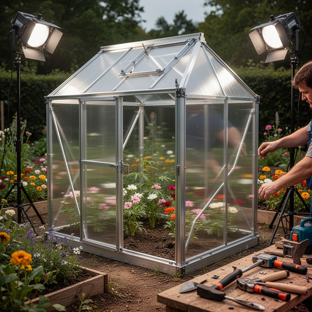 A sleek, aluminum-framed greenhouse with clear polycarbonate panels standing in a garden, surrounded by flower beds and gardening tools, professional outdoor lighting.