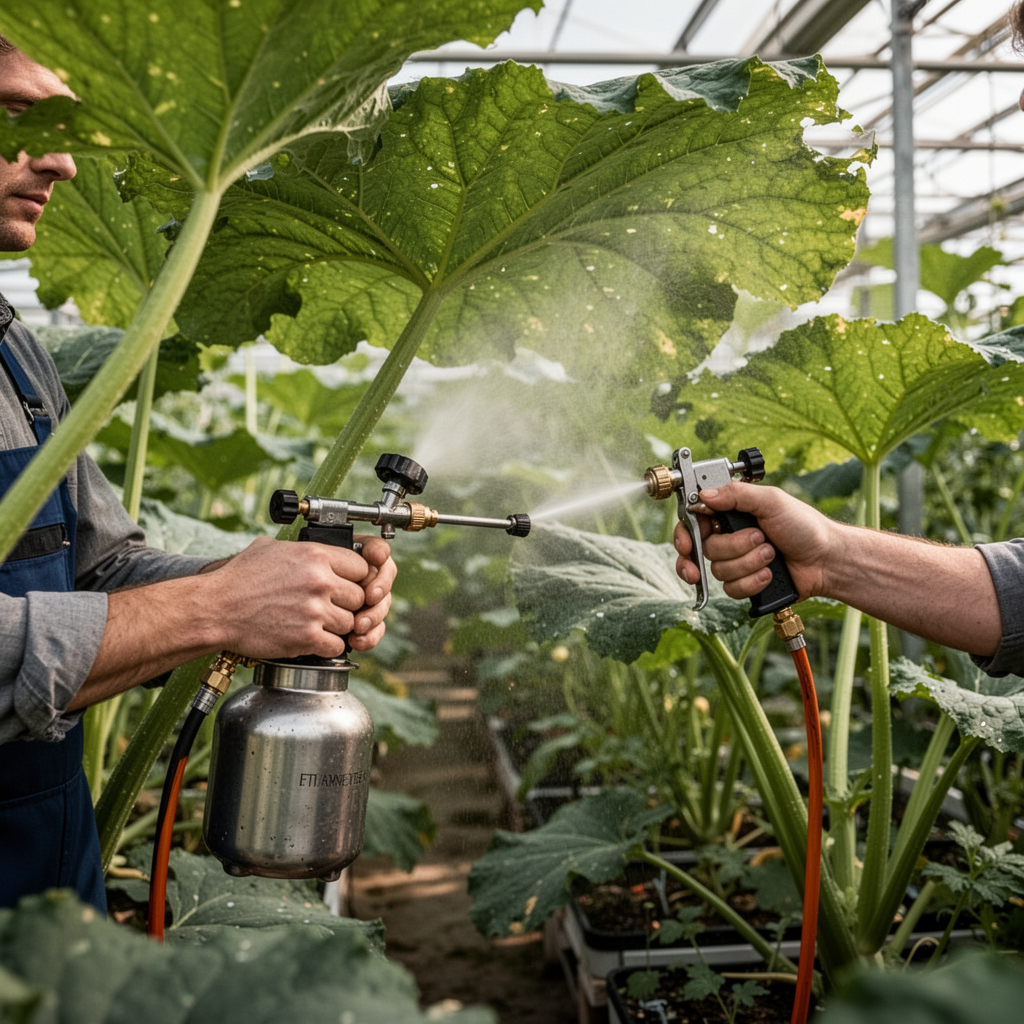 A gardener using a pressurized hand sprayer to mist the underside of large green leaves in a professional greenhouse setting.