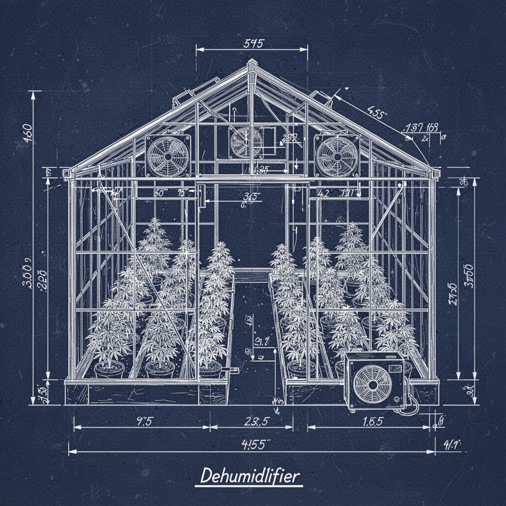 A technical blueprint diagram illustrating a well-ventilated greenhouse layout, showing the placement of circulation fans, dehumidifier, and organized plant spacing to prevent fungal spread.