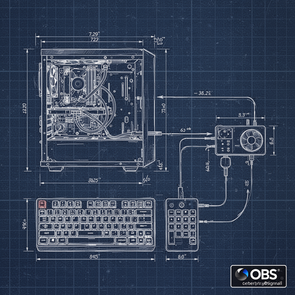 A detailed blueprint diagram on graph paper showing the technical layout of a PC, a mechanical keyboard, a macro-pad, and the signal path to OBS software.