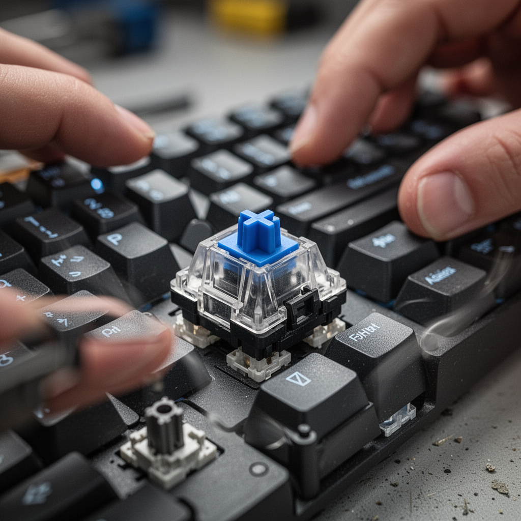 A macro photography shot of a mechanical keyboard switch, with a focus on the key mechanism, emphasizing technical precision and quality.