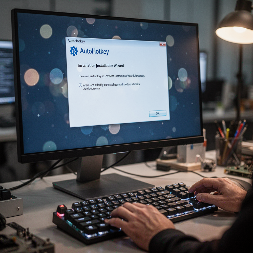 A professional, close-up photograph of a computer monitor displaying the AutoHotkey installation wizard interface, with a modern mechanical keyboard sitting on a desk in the foreground with soft bokeh office lighting.