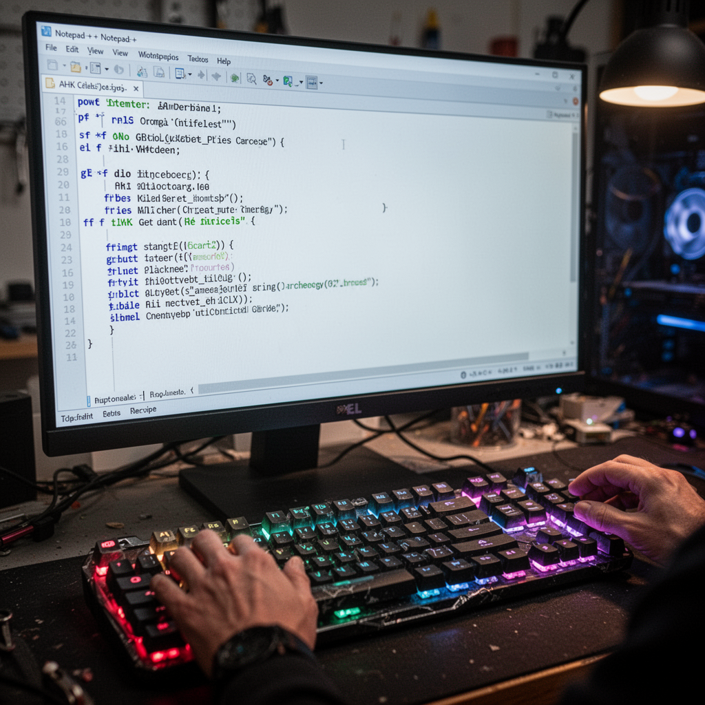 An ultra-realistic photograph showing a computer screen with a Notepad++ window open, displaying lines of simple AHK code, with a high-end mechanical keyboard under custom lighting.