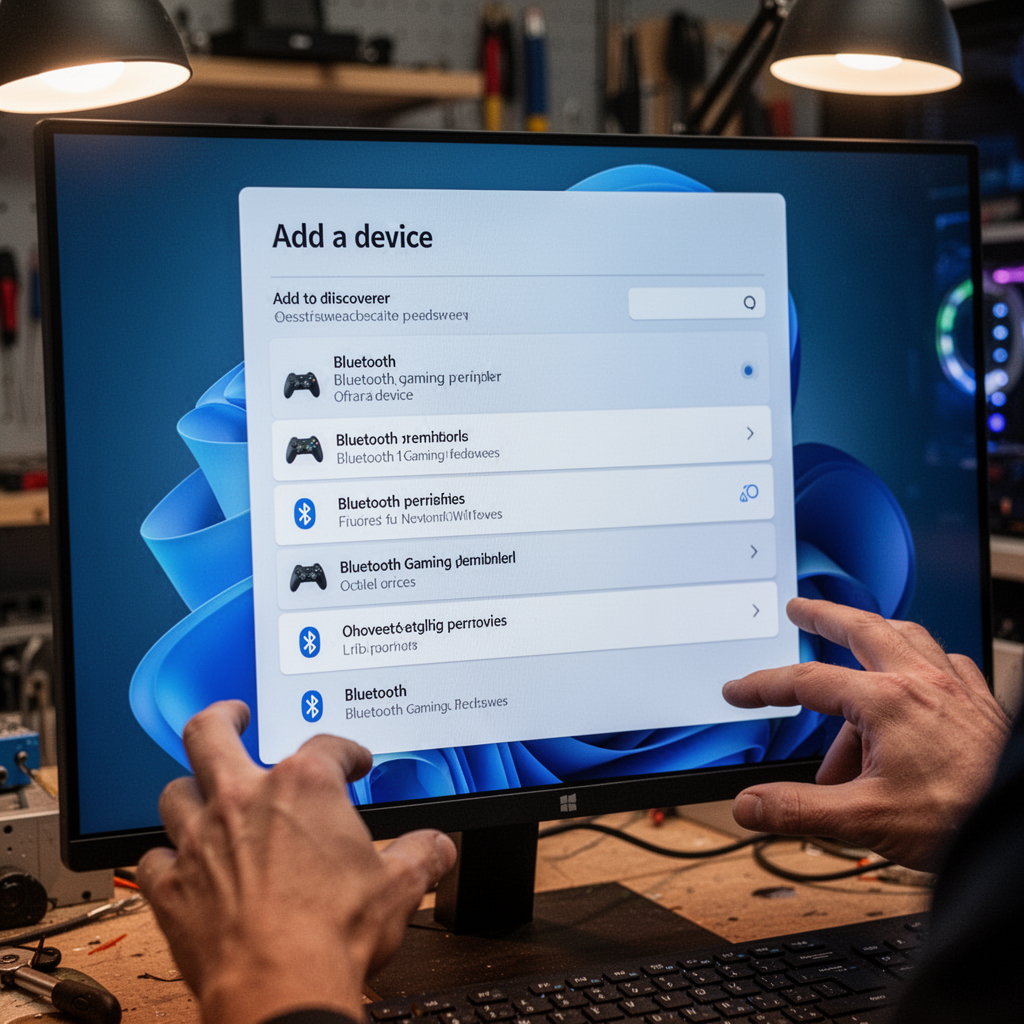 A close-up, high-definition shot of the Windows 11 "Add a device" settings menu on a PC screen, showing a list of discovered Bluetooth gaming peripherals, vibrant interface design.