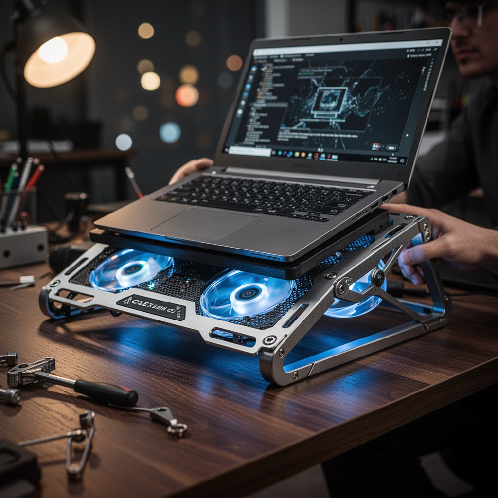 A professional, close-up, ultra-realistic photograph of a high-end metal laptop cooling pad with glowing blue LED fans, sitting on a dark oak office desk, with a powerful laptop placed on top, soft bokeh lighting in the background, 8k resolution, commercial grade photography.
