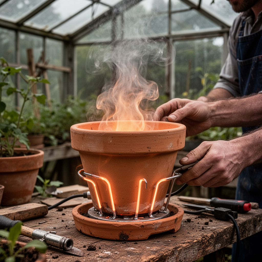 A close-up of a DIY terra cotta pot heater with heat rising, shown in a rustic greenhouse setting.