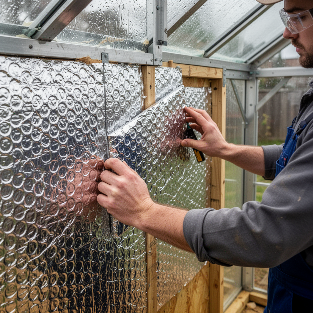 A medium shot showing a worker attaching shiny silver bubble insulation board to the interior north wall of a small backyard greenhouse.