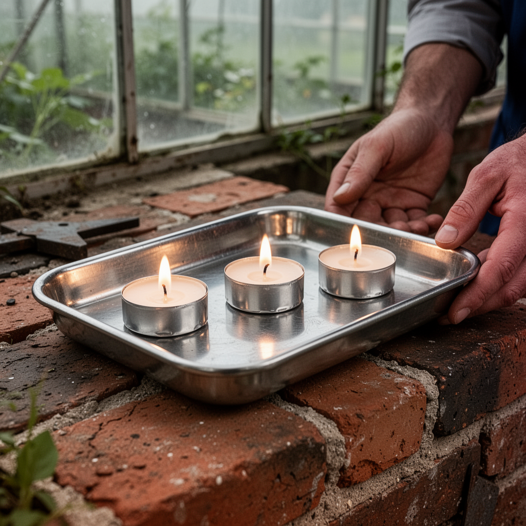 A metal tray containing three lit tea-light candles on a brick surface inside a greenhouse.