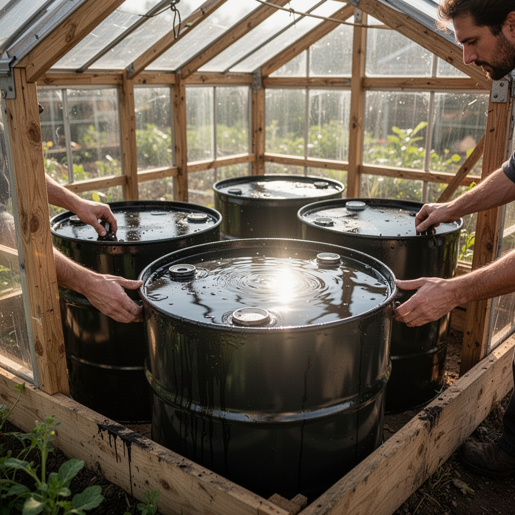 A professional, high-angle shot of several black-painted 55-gallon steel drums sitting inside a wooden frame greenhouse, filled with water, sunlight hitting them brightly.