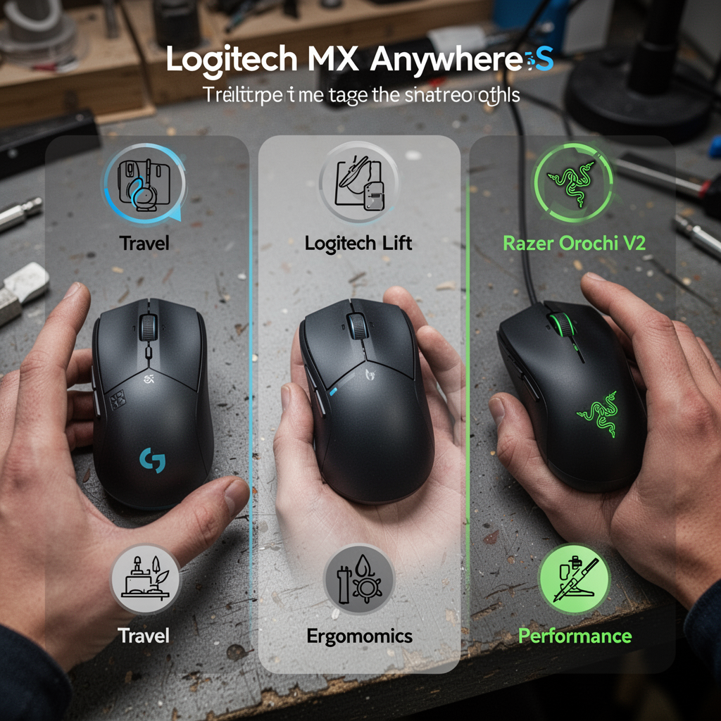 An infographic style image comparing the three mice: Logitech MX Anywhere 3S, Logitech Lift, and Razer Orochi V2, with icons showing their main strengths (Travel, Ergonomics, Performance).