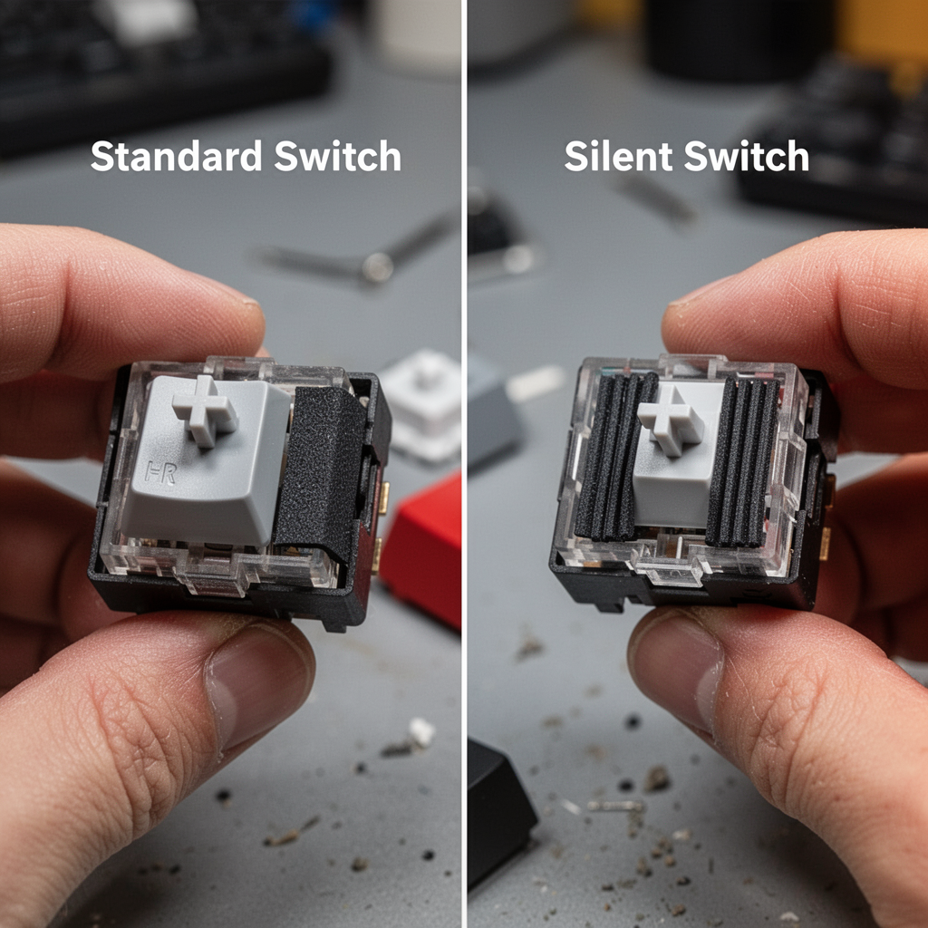 A side-by-side comparison chart or diagram showing a 'Standard Switch' vs. a 'Silent Switch', highlighting the internal dampening rubber strips on the silent version.