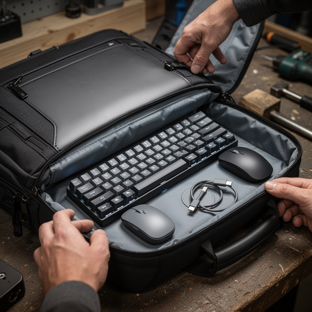 A sleek, professional laptop bag partially open, revealing a compact 65% mechanical keyboard inside, alongside a wireless mouse and a USB-C cable, emphasizing portability and travel readiness.