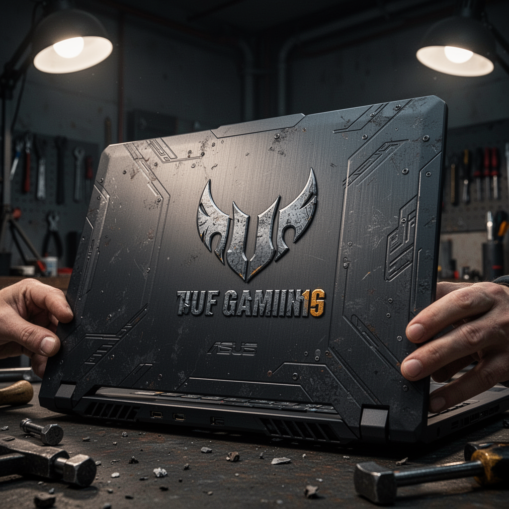 Close-up of an ASUS TUF Gaming A15 laptop lid showing the textured logo, rugged aesthetic, dark industrial room lighting, high detail on metallic finish, depth of field, 8k.