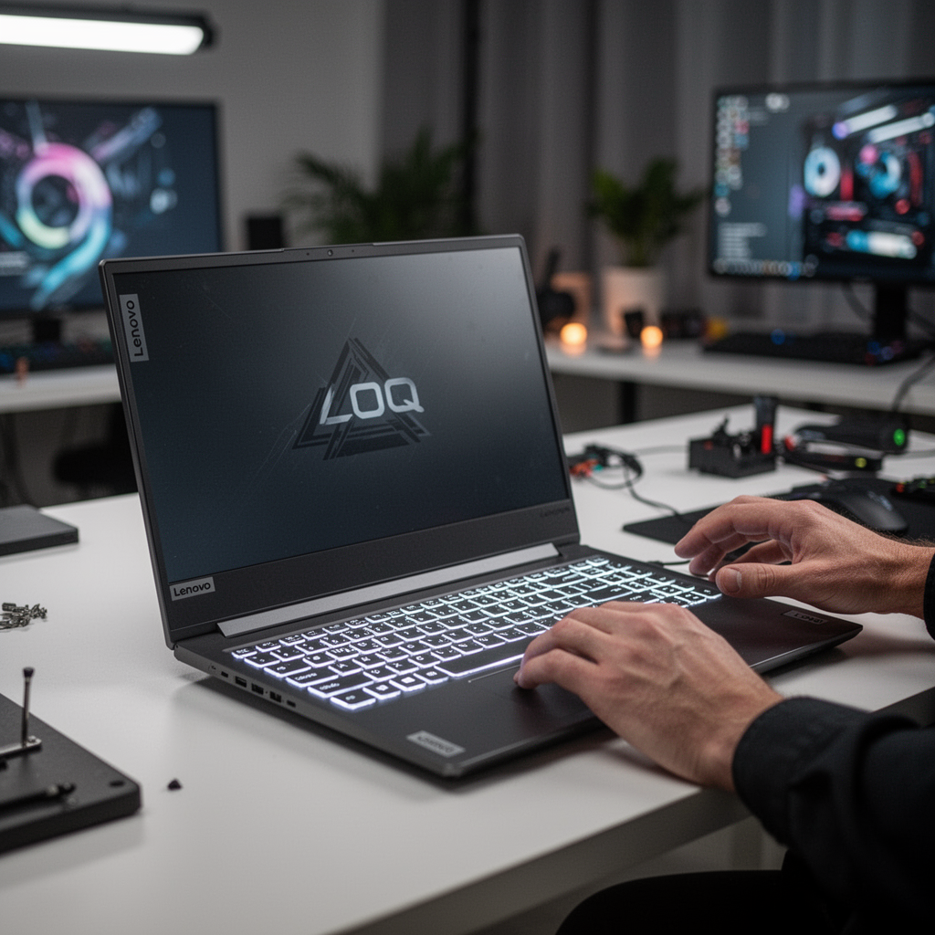 Professional studio photograph of a sleek, dark grey Lenovo LOQ gaming laptop open on a clean desk, glowing white keyboard backlight, soft bokeh background of a modern home office setup, ultra-realistic, 8k resolution.